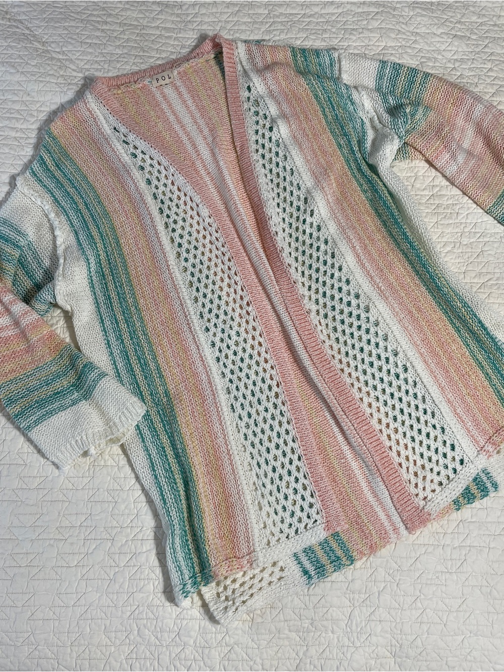 POL Striped Openwork Cardigan - Pastel Pink, Teal & White